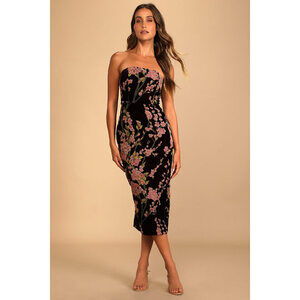 Lulus Buy You Flowers Plum Floral Print Velvet Strapless Midi Dress Purple